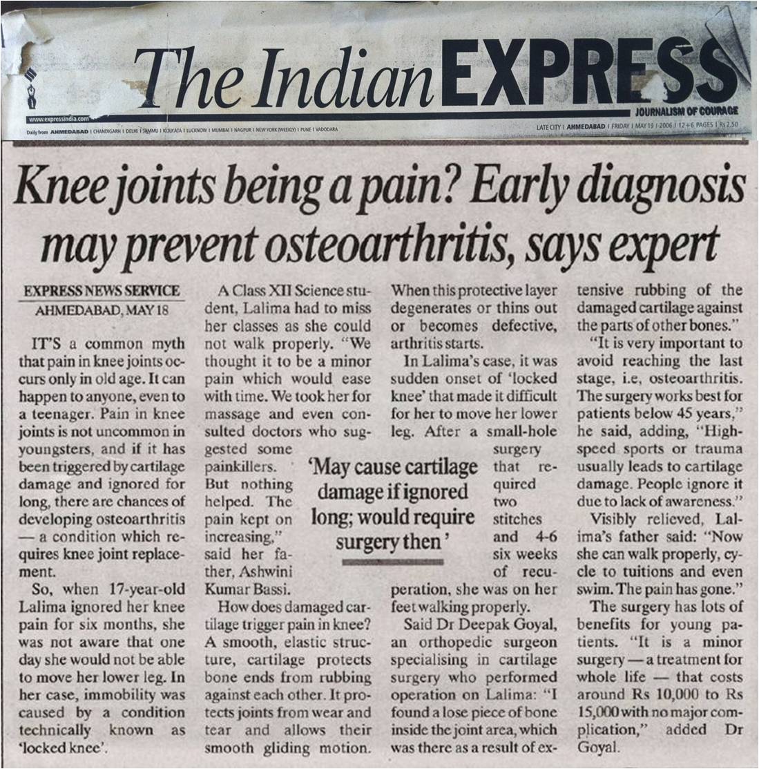 Indian Express 2006 Dr Deepak Goyal Cartilage Repair